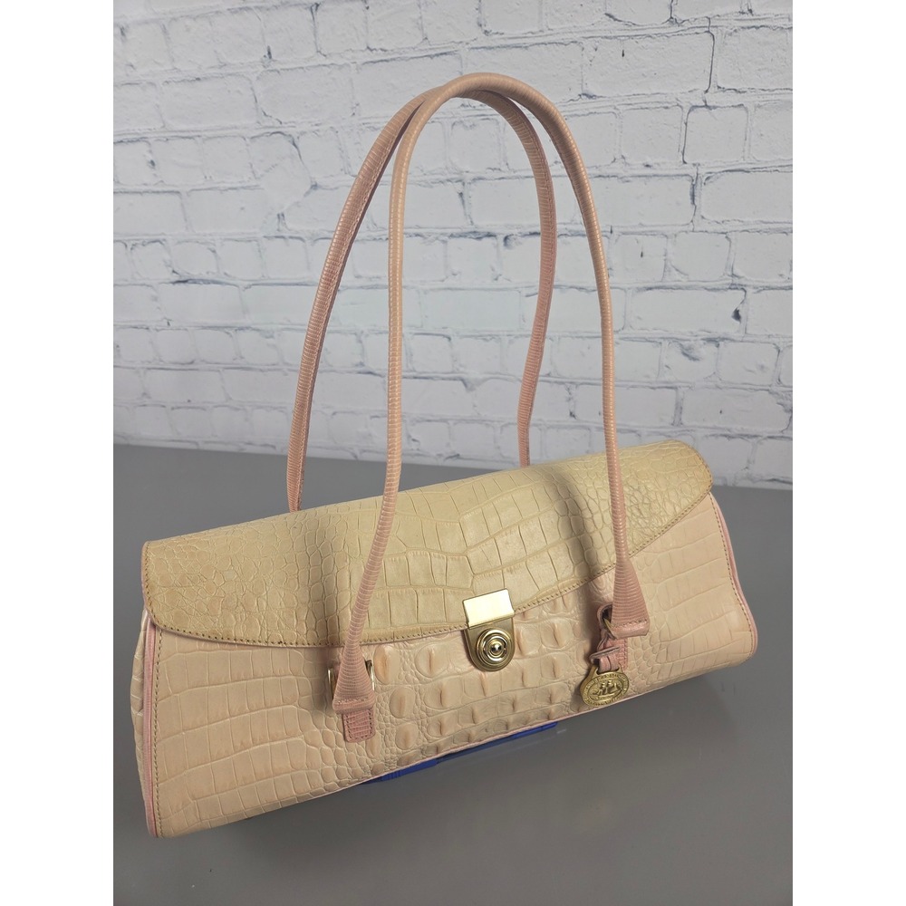 Vintage‎ Brahmin Croc Embossed Leather Satchel Tri-Color Cream Pink Gold Lock
